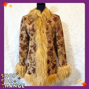 Vintage JC JOHN CARUANA Tapestry Coat, Size Medium, Dyed Mongolian Lamb Trim